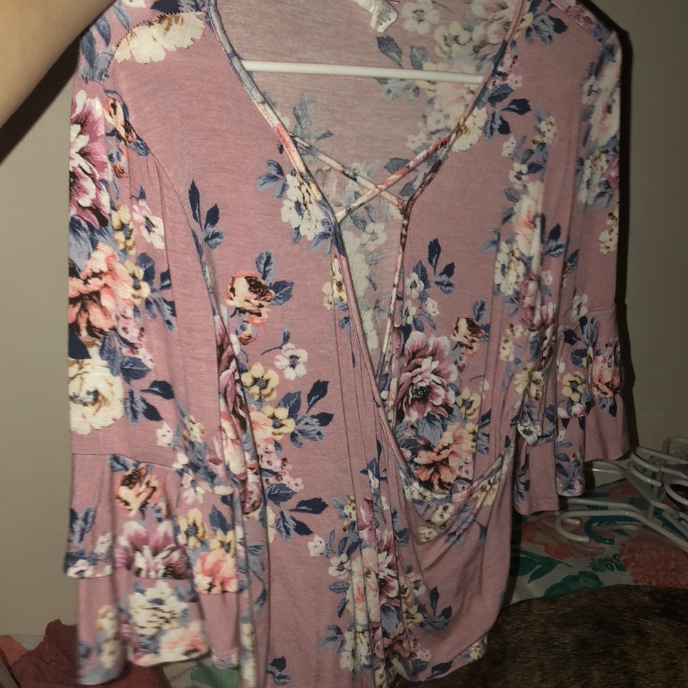 pink floral crossover shirt with flared sleeves